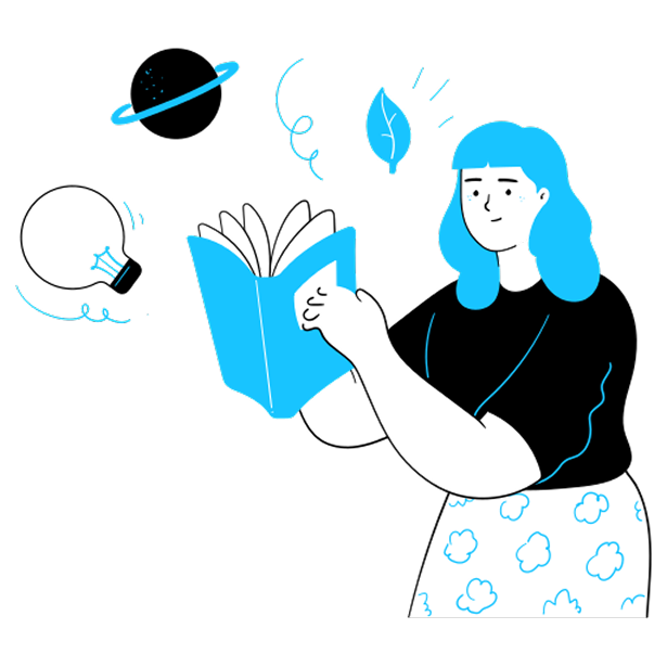 Person reading a book with floating elements